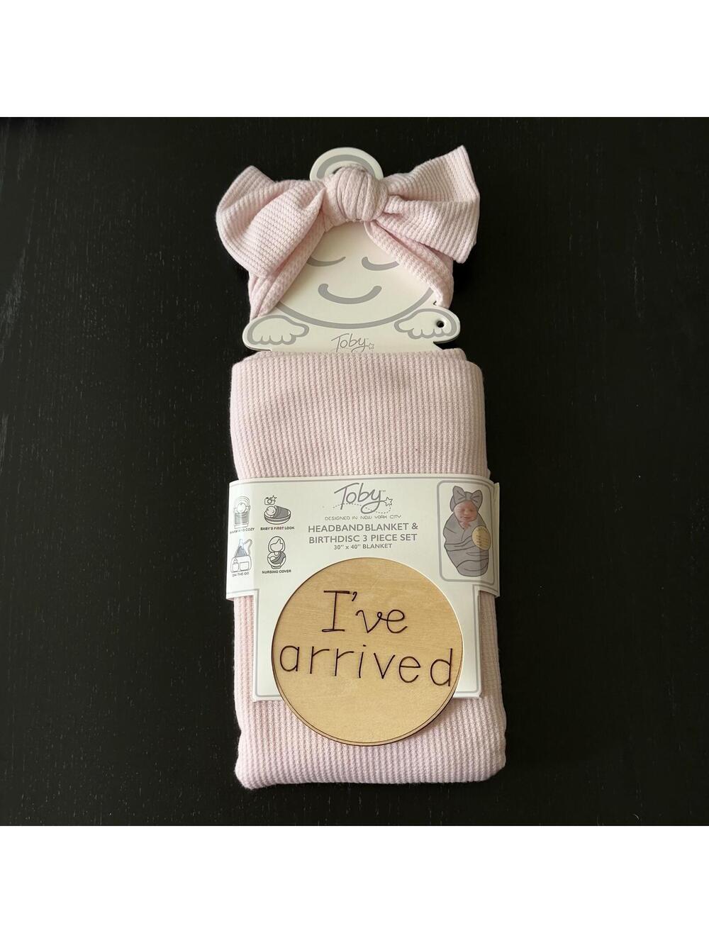 Toby Headband Blanket & Birthdisc 3 Piece Set - Newborn Pink